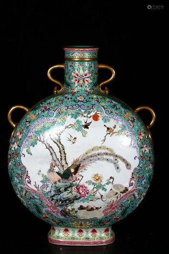 PAINTED ENAMEL 'BIRD AND FLORAL' FLAT VASE WITH HANDLES