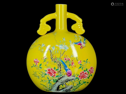 PAINTED ENAMEL 'BIRD AND FLORAL' VASE