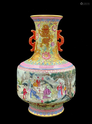 PAINTED 'FIGURE STORY' VASE WITH HANDLES