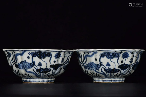 PAIR OF BLUE & WHITE 'FISH AND ALGAE' BOWLS