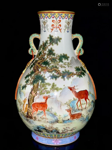 PAINTED 'DEER AND PINE TREE' VASE