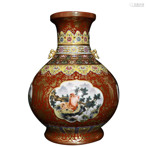 RED GROUND FAMILLE ROSE 'LANDSCAPE' VASE WITH ROTATING