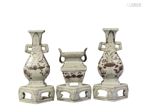 SET OF UNDER GLAZED RED 'MANDARIN DUCK AND LOTUS' VASES