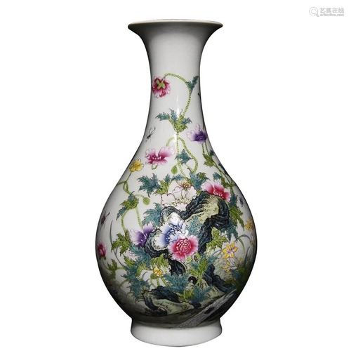 FAMILLE ROSE 'BUTTERFLY AND FLORAL' PEAR FORM VASE