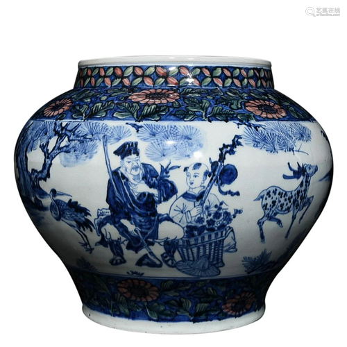 BLUE & WHITE AND TRI-COLOR 'FIGURE STORY' JAR