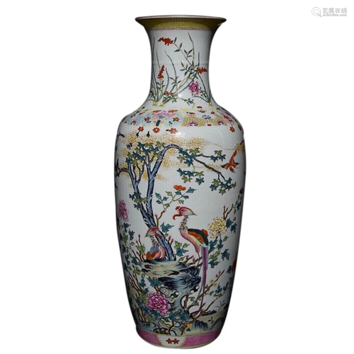 FAMILLE ROSE 'BIRD AND FLORAL' VASE WITH FLARING RIM