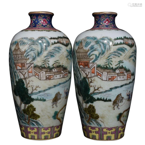 FAMILLE ROSE 'LANDSCAPE' MEIPING VASE