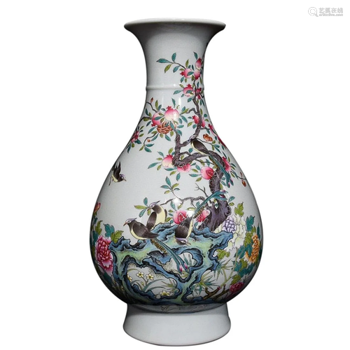 FAMILLE ROSE 'BIRD AND FLORAL' PEAR FORM VASE