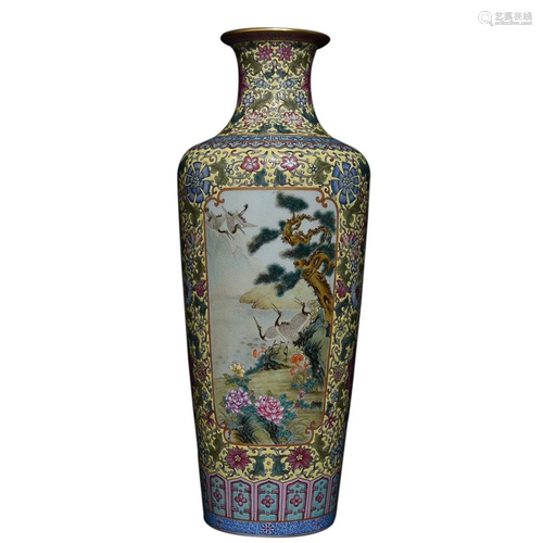 FAMILLE ROSE 'CRANE AND PINE TREE' VASE