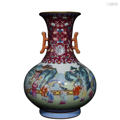 RED GROUND FAMILLE ROSE 'CHILDREN AT PLAY' VASE WITH