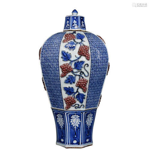 BLUE & WHITE AND UNDER GLAZED RED 'GRAPE' OCTAGONAL