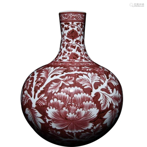 UNDER GLAZED RED 'FLORAL' GOBULAR VASE