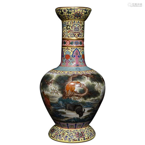 FAMILLE ROSE 'ANIMAL AND LANDSCAPE' VASE WITH FLARING