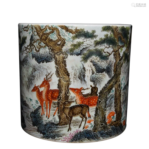 FAMILLE ROSE 'CRANE AND DEER' BRUSH POT