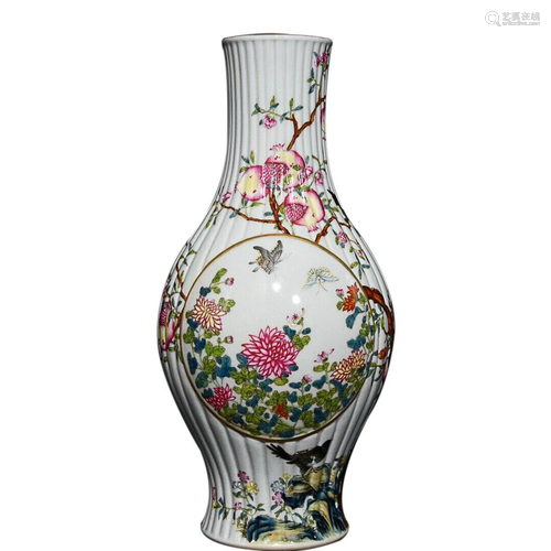 FAMILLE ROSE 'BIRD AND FLORAL' VASE WITH FLUTED SIDES