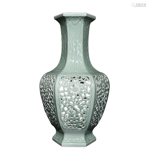 CELADON GLAZED 'FLORAL' OPENWORK HEXAGONAL VASE