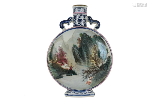 BLUE & WHITE AND FAMILLE ROSE 'LANDSCAPE' MOON FLASK