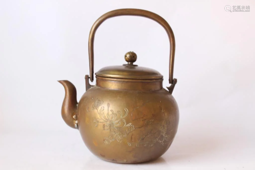 Chinese Copper Teapot w Calligraphy