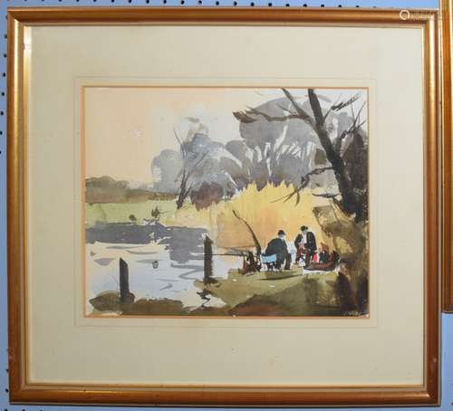 John Tookey, Figures seated by a river, watercolour, 21 x 28...