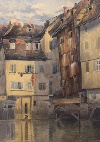 A E T, View of the German town Esslingen, watercolour, initi...