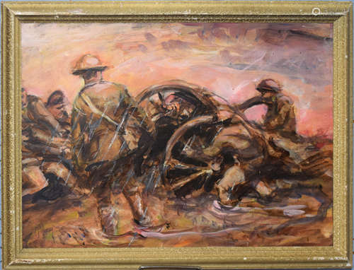 Ronald Olley, WWI soldiers hauling a field gun, oil on board...