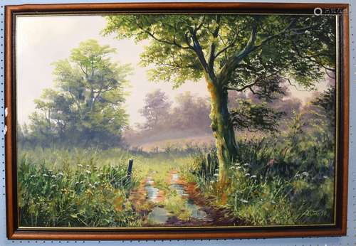 Kevin Curtis, Wooded landscape, acrylic on board, signed and...