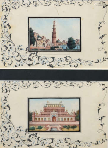 Indian School, Temple and Palace, 2 watercolours in one fram...