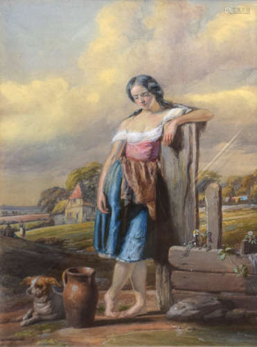 Michael Angelo Wagerman, Country girl and dog in landscape, ...