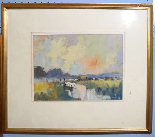 John Tookey, Marshland at sunset, watercolour and gouache, s...