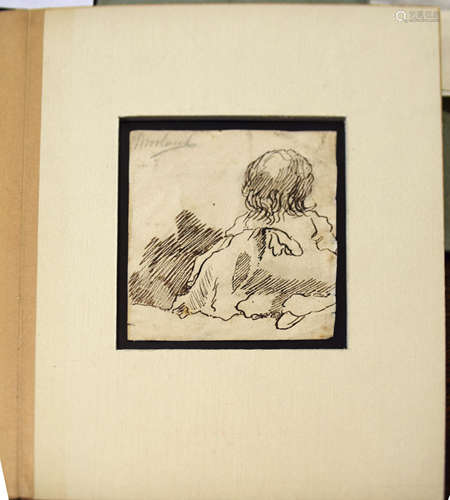 George Morland, Landscape and child, two black chalk and ink...