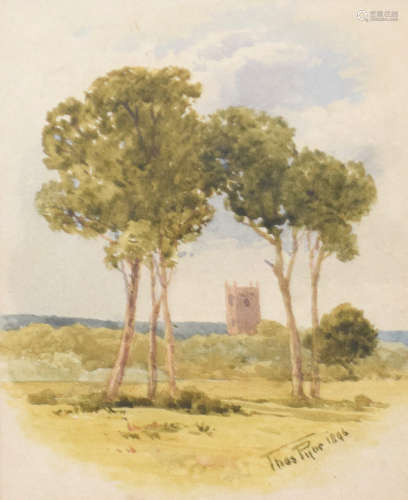 Thomas Pyne, Distant view of Dedham, watercolour, signed and...