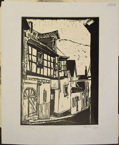 Ronald Courteney, Street scene, linocut, signed and dated 19...