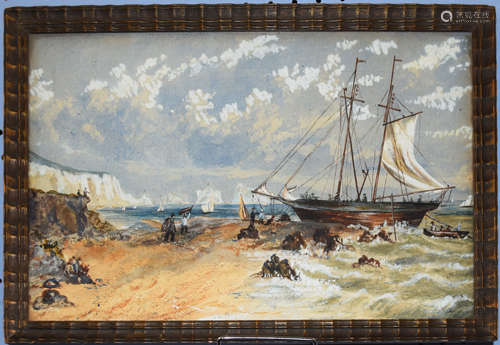 Victorian School, Beach, sailing ship and figures at Alum Ba...