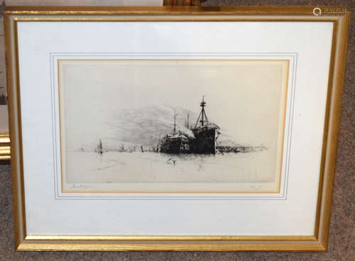 Harold Wyllie, Ships at anchor, black and white etching, sig...