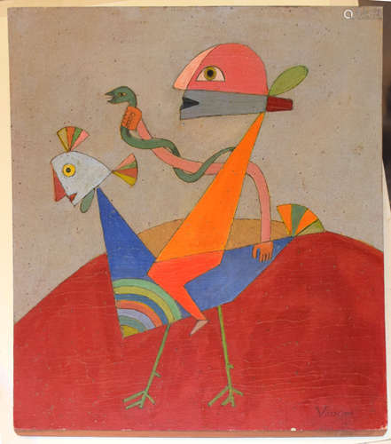 In the manner of Victor Brauner, Surrealist figure riding a ...