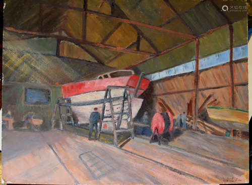 Circle of Duncan Grant, Boatyard, St Ives, 1941, oil on boar...