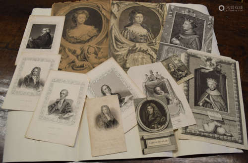 Folder of 12 18th century engravings, portraits etc, assorte...