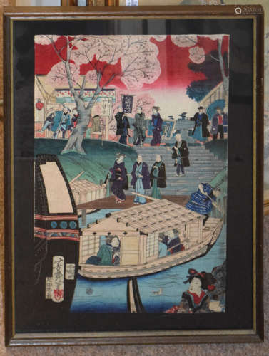 Japanese School, River scenes with figures, pair of coloured...