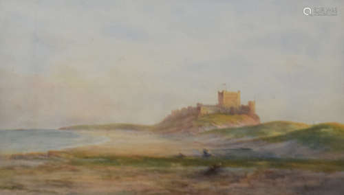 H Baker, Figures before Bamburgh Castle, watercolour, signed...