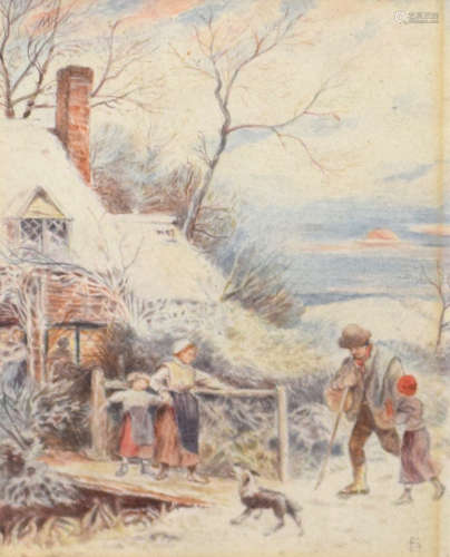 Circle of Birket Foster, Winter scene, watercolour, bears mo...
