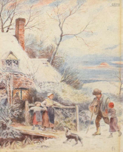 Circle of Birket Foster, Winter scene, watercolour, bears mo...