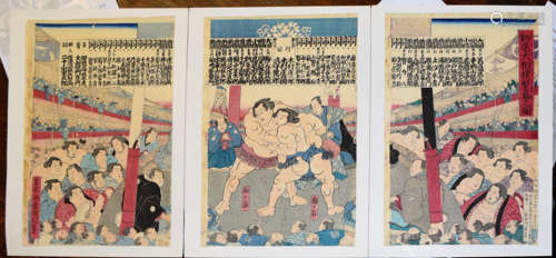 Kunitoshi Utagawa, Sumo wrestling, triptych coloured wood cu...