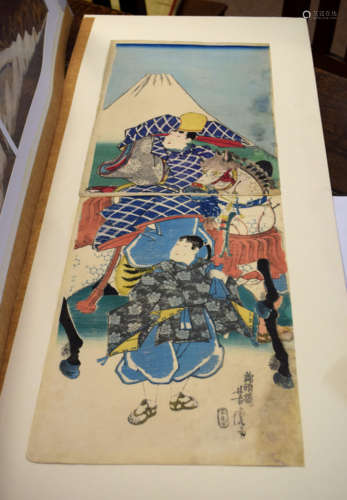 Japanese School, Figures and horse before a volcano, diptych...