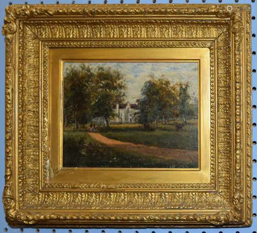 Attributed to Thomas Churchyard, Figures before a mansion, o...