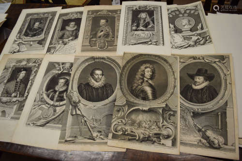 Folder of 10 18th century engravings, portraits etc, assorte...