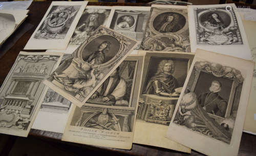 Folder of 11 18th century engravings, portraits etc, assorte...
