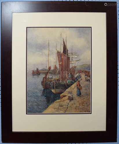 E Williams, Harbour scene with figures, watercolour, signed ...