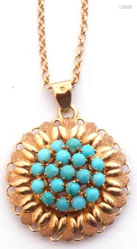 Continental yellow metal and turquoise pendant on a 375 stam...