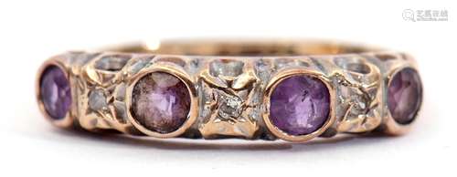 9ct gold diamond and amethyst ring, alternate set with 4 rou...