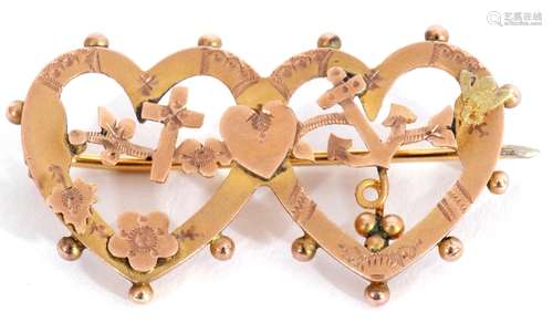 Edwardian 9ct gold double heart sweetheart brooch, Chester 1...